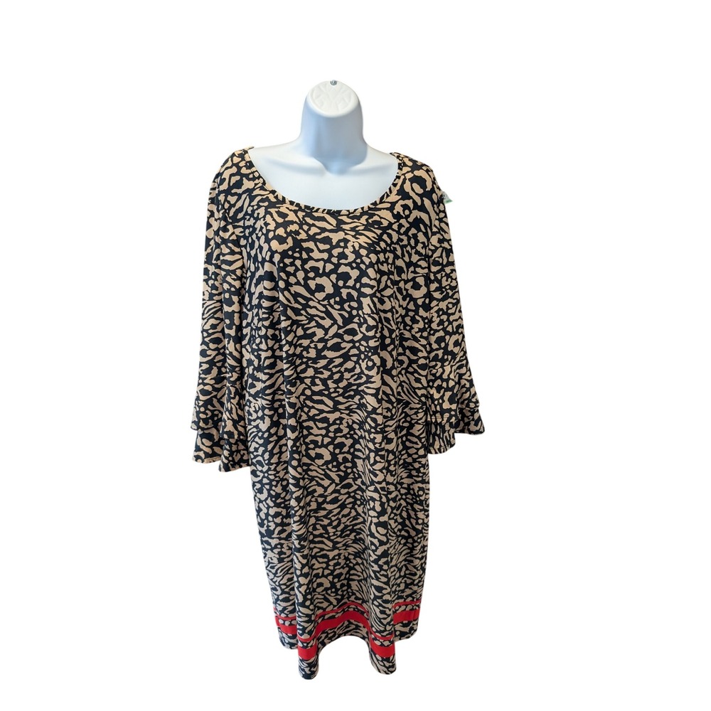 Tacera Women Shift Dress 2X Leopard Print Bell Sleeve Red Stripe